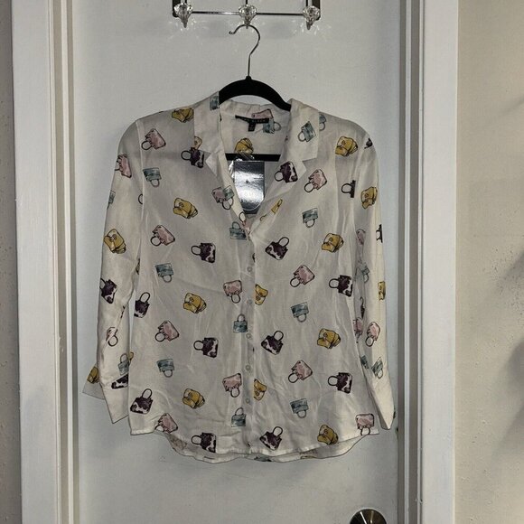 Como Black White Long Sleeve Button Up Multi Color Purse Print Blouse Size Small - Picture 2 of 9